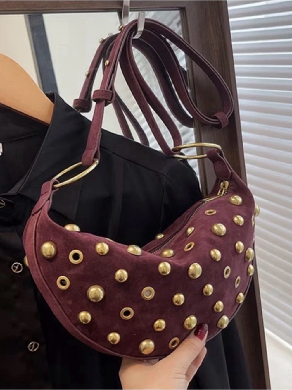 Burgundy Studded Shoulder Bag Y2K Crescent Purse